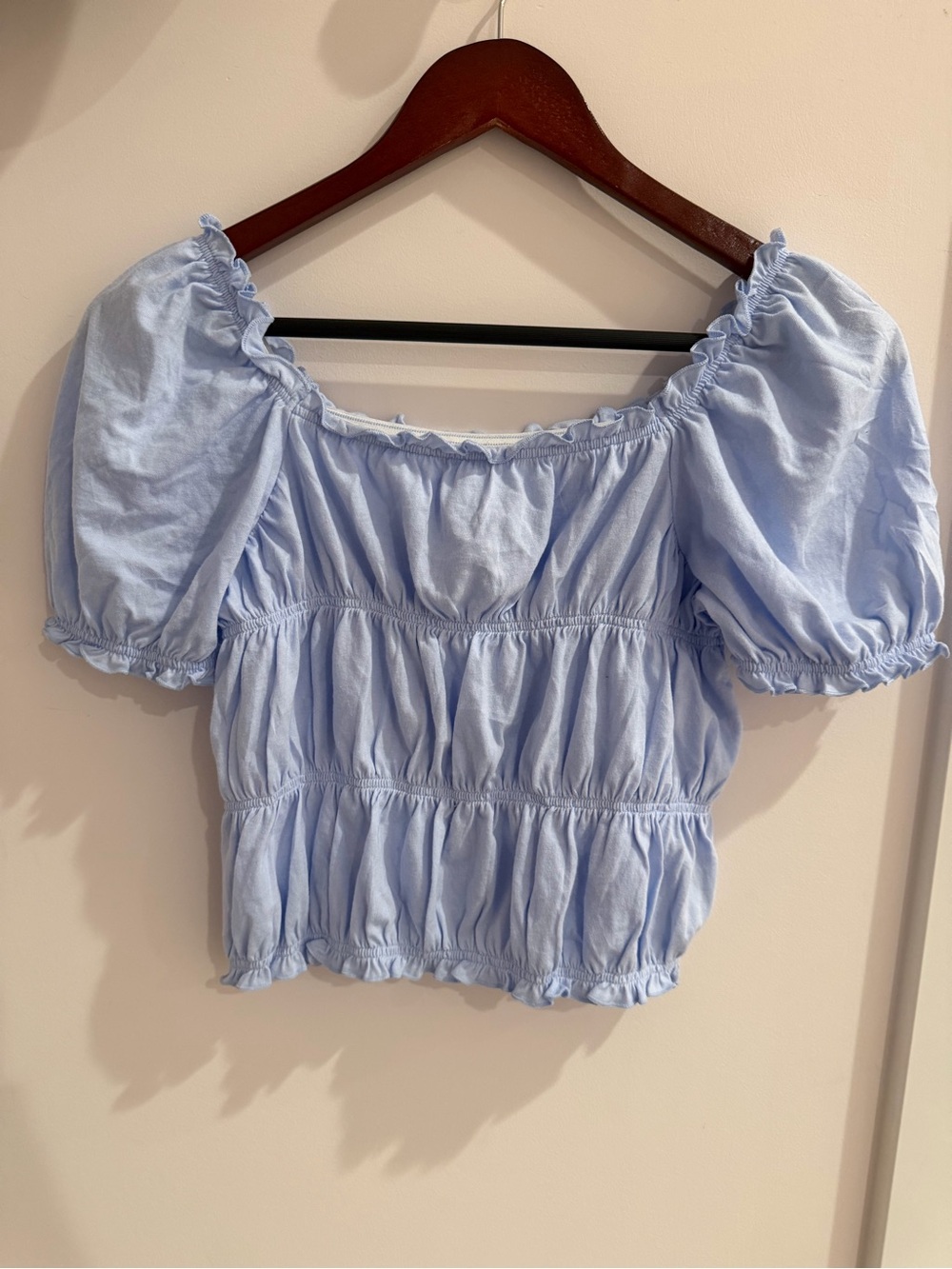 GAP Light Blue Smocked Puff-Sleeve Crop Top